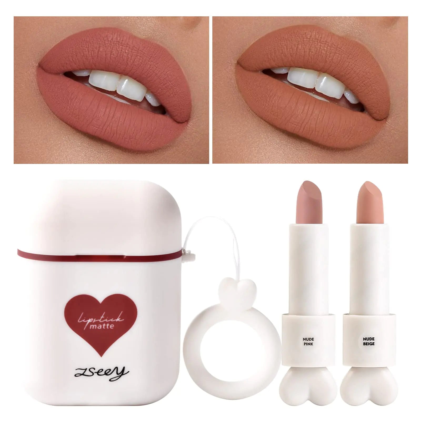 LAMUSELAND Nude Lipstick 2Pc/Set Waterproof Long Lasting Moisturizing Lip Stain Earphone Dual-color Lip Gloss Primer Non-stick Cup Lip Make Up Gift Kit for Girls (Nude - A)