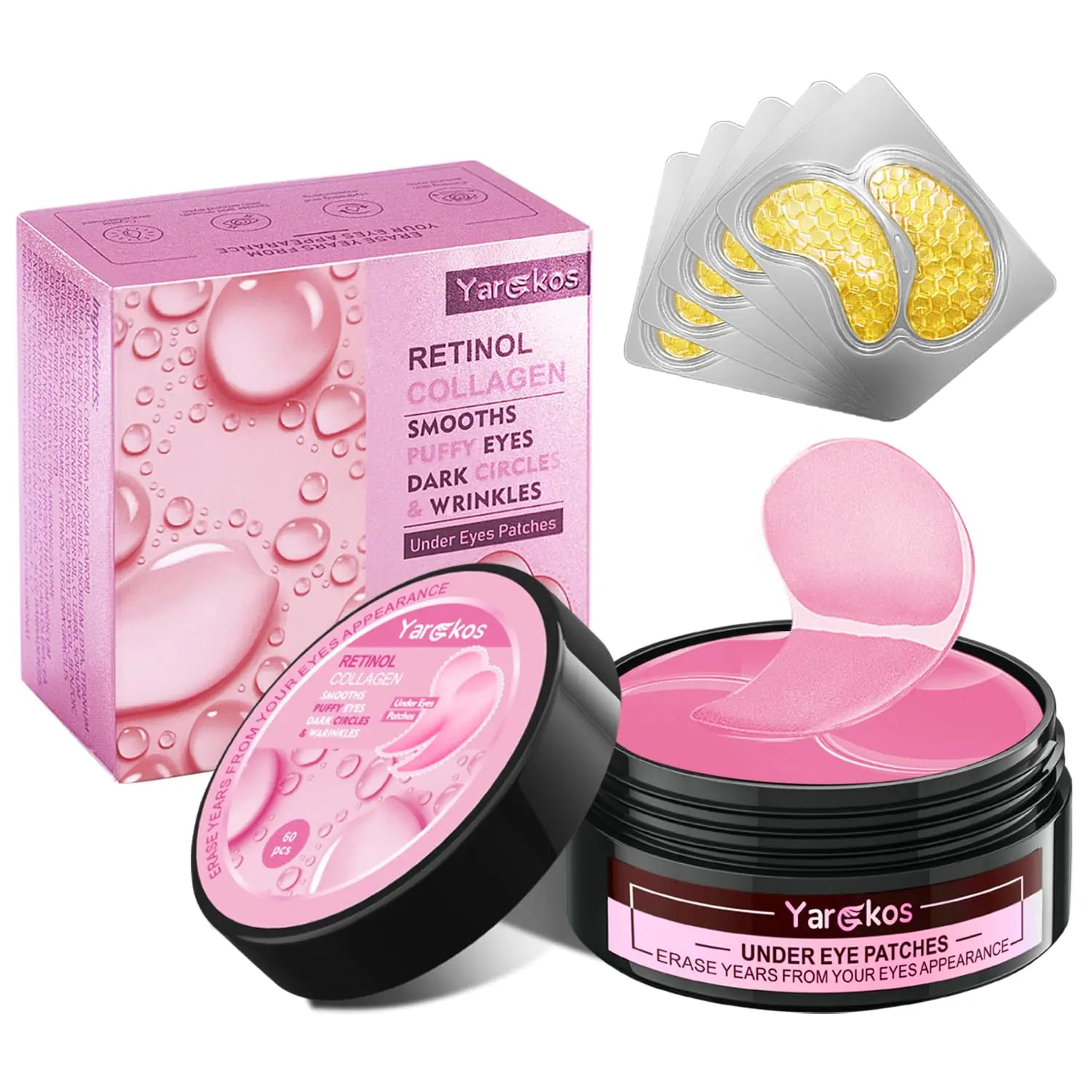 Yargkos Pink Eye Mask 60Pcs 5 Portable 24K Gold Collagen Under Eye Patches 30 Pairs Hydrating Undereye Gel Pads for Women Men Dark Circles Puffy Eyes Puffiness Wrinkle Eye Bag Treatment