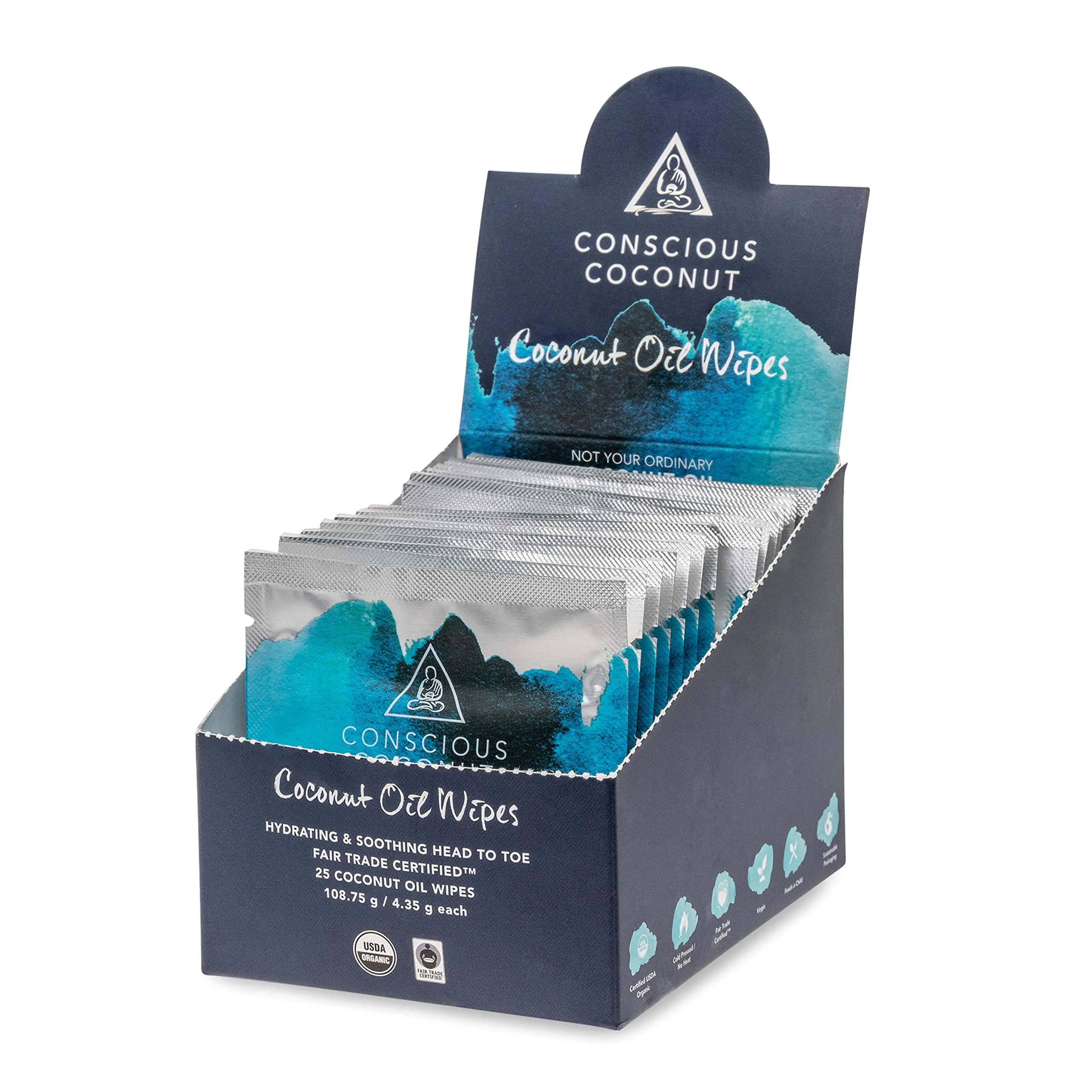 Conscious Coconut - Coconut Oil Facial Cleansing Wipes On-the-go Makeup Remover from Virgin Coconut Oil Individually Packed Organic Coconut Oil Wipes - For Face and Body (25 Count)