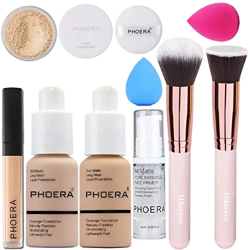 PHOERA FoundationFull Coverage FoundationPHOERA PrimerPHOERA PowderPHOERA Concealer PHOERA Makeup Set Kabuki Makeup Brushes Foundation Brush Powder2 Makeup Sponge (102 Nude + 104 Buff Beige)