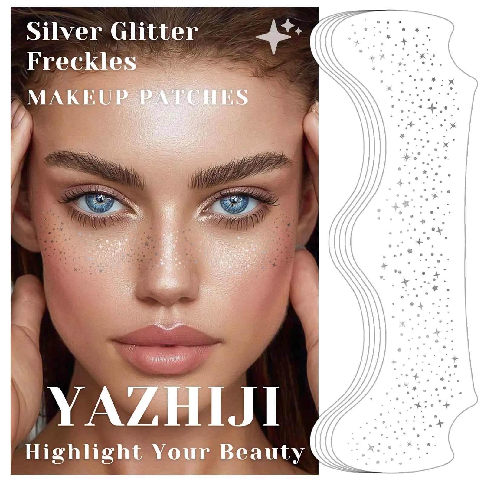 24 Sheets Makeup Patches - Silver- Face Glitter Makeup Speckles Patches Freckles Face Tattoos Silver Sparkle Makeup Patches Makeup Accessories for Women Girl Cosmetic Glitter for Face (Silver)