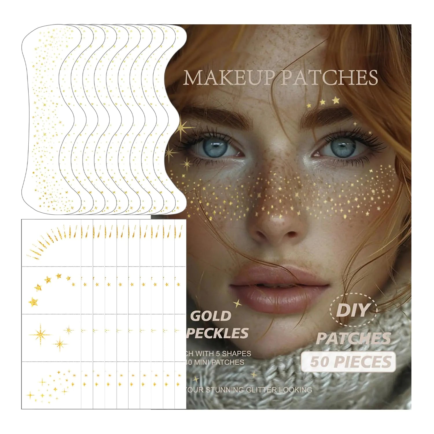 50 Pcs Makeup PatchesGold-Face Glitter Speckles PatchesGlitter Freckles Face Tattoo Sparkle Makeup PatchesGlow Up Makeup PatchesWaterproof Face Glitter Speckles Patches for Helloween (Gold)