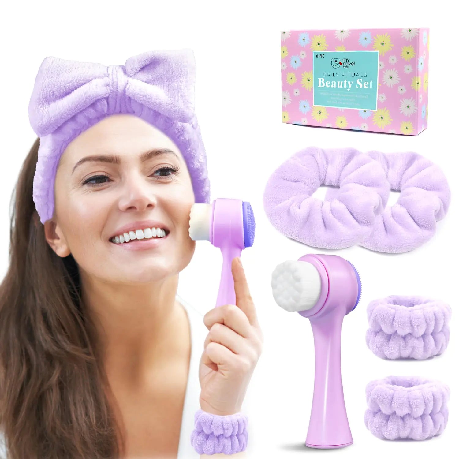 my novel things Spa Headband for Washing Face Skincare headband and wristband set Facial Cleansing Brush 2-in-1 Skin Care face Brush Come with a Hair Scrunchie For Massaging Makeup Skincare-Purple